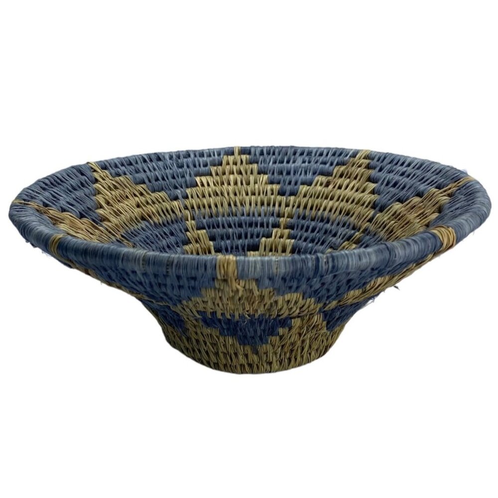 African Handwoven Decorative Straw Basket Blue Natural Pattern